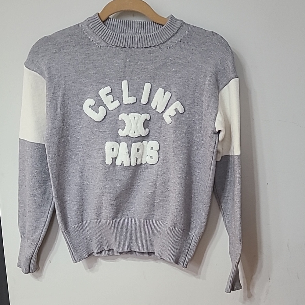 Celine Gray and White Crew Neck Sweater